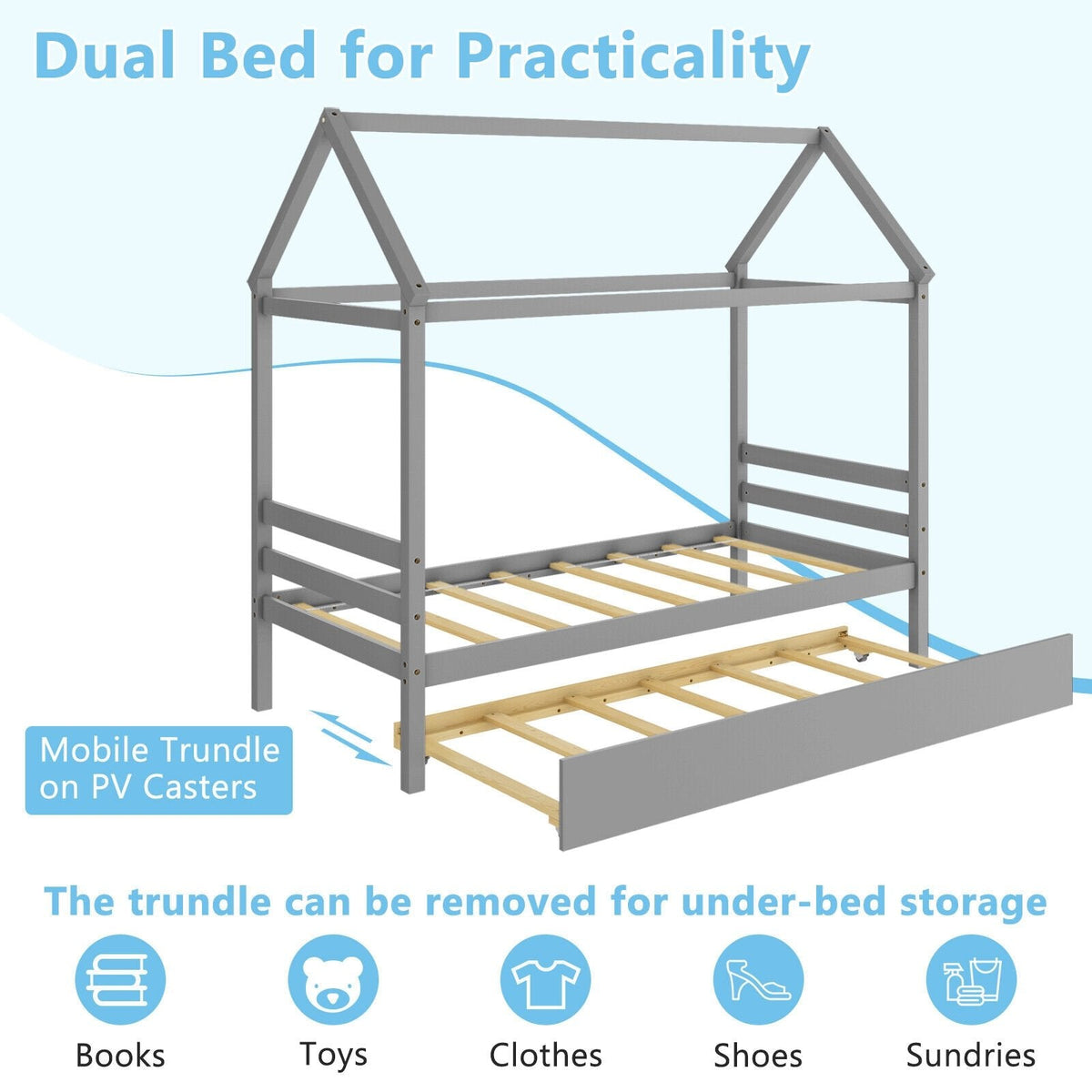 Kids Platform Bed Frame with Roof for Bedroom-Gray