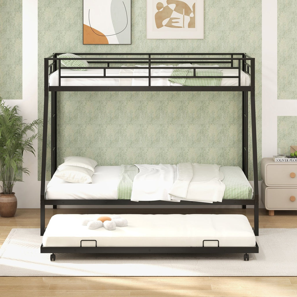 Twin Over Full Bunk Bed Frame with Trundle for Guest Room-Black