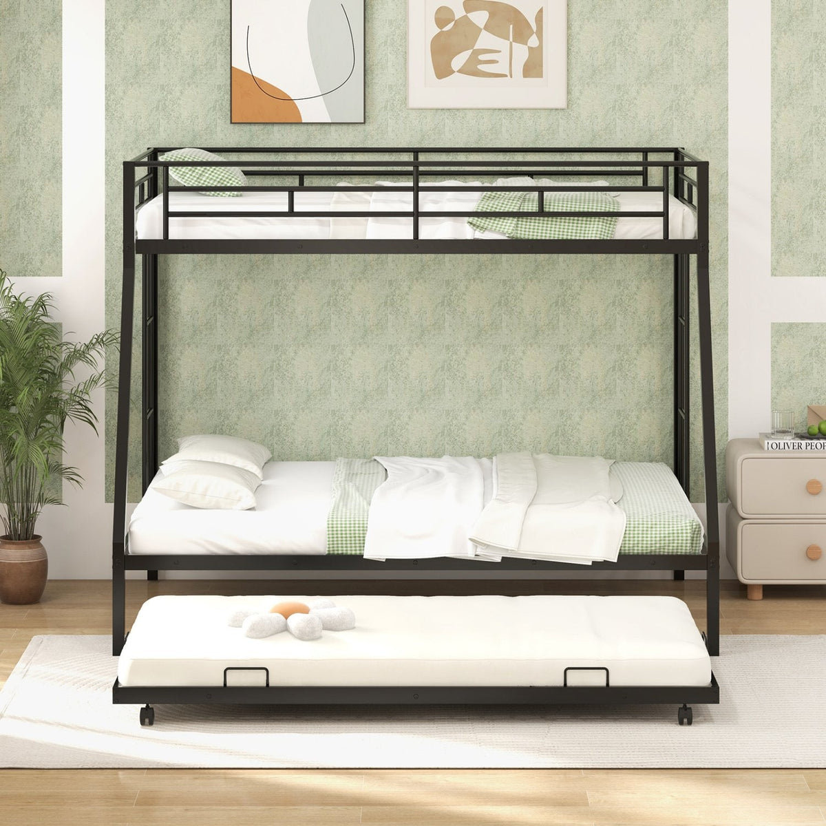 Twin Over Full Bunk Bed Frame with Trundle for Guest Room-Black