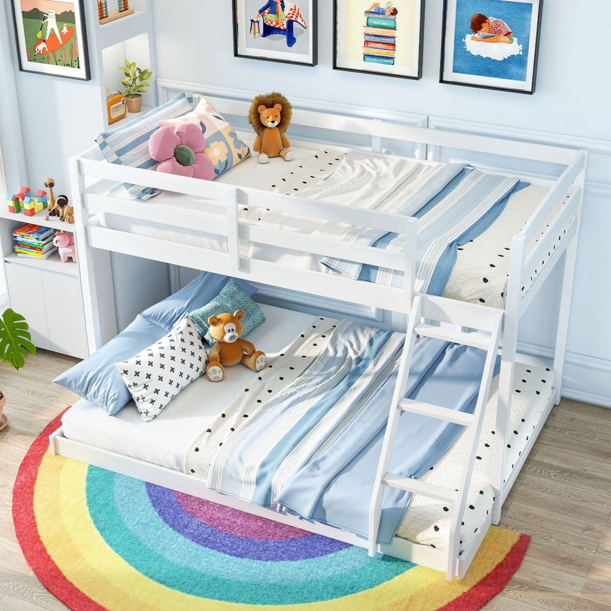 Twin Over Full Bunk Bed Low Floor Bunk Bed Frame-White