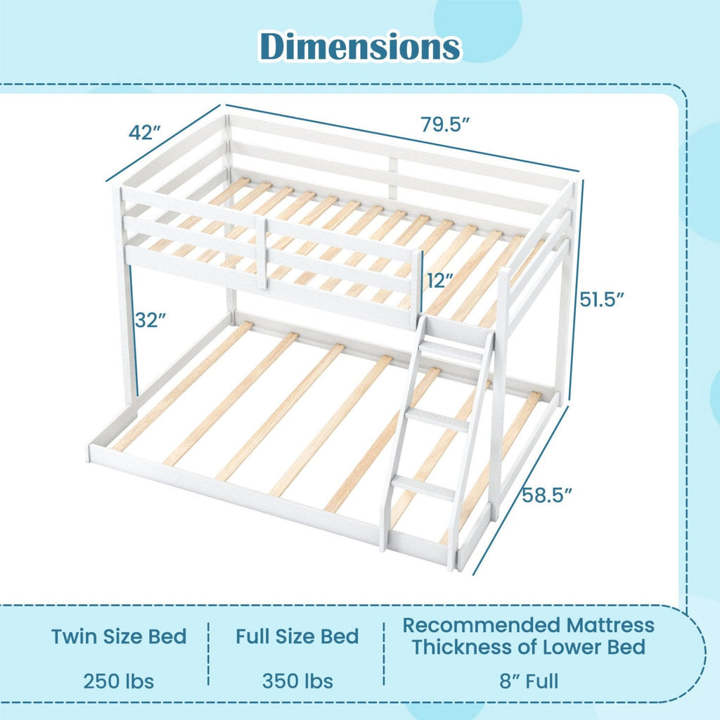 Twin Over Full Bunk Bed Low Floor Bunk Bed Frame-White