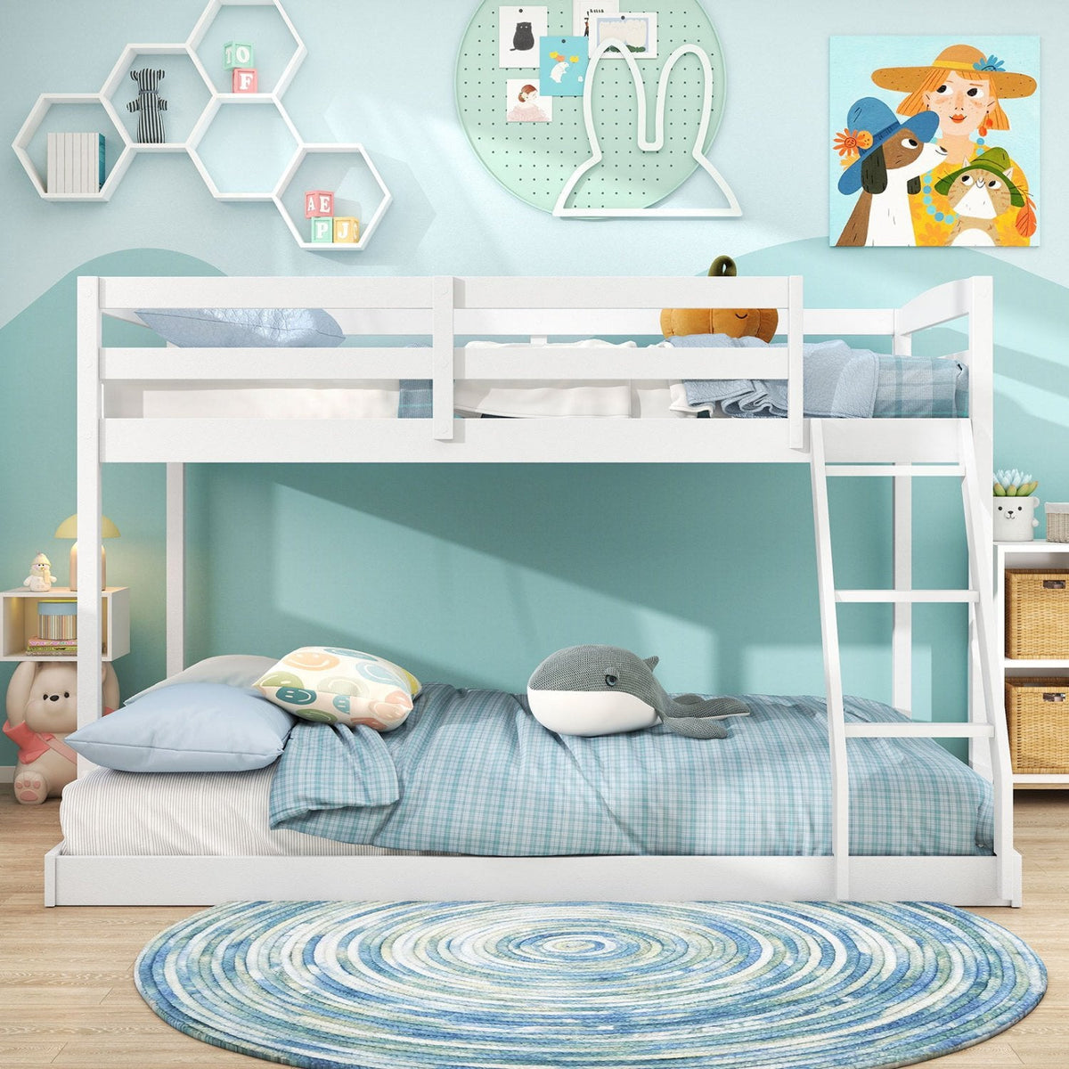 Twin Over Full Bunk Bed Low Floor Bunk Bed Frame-White