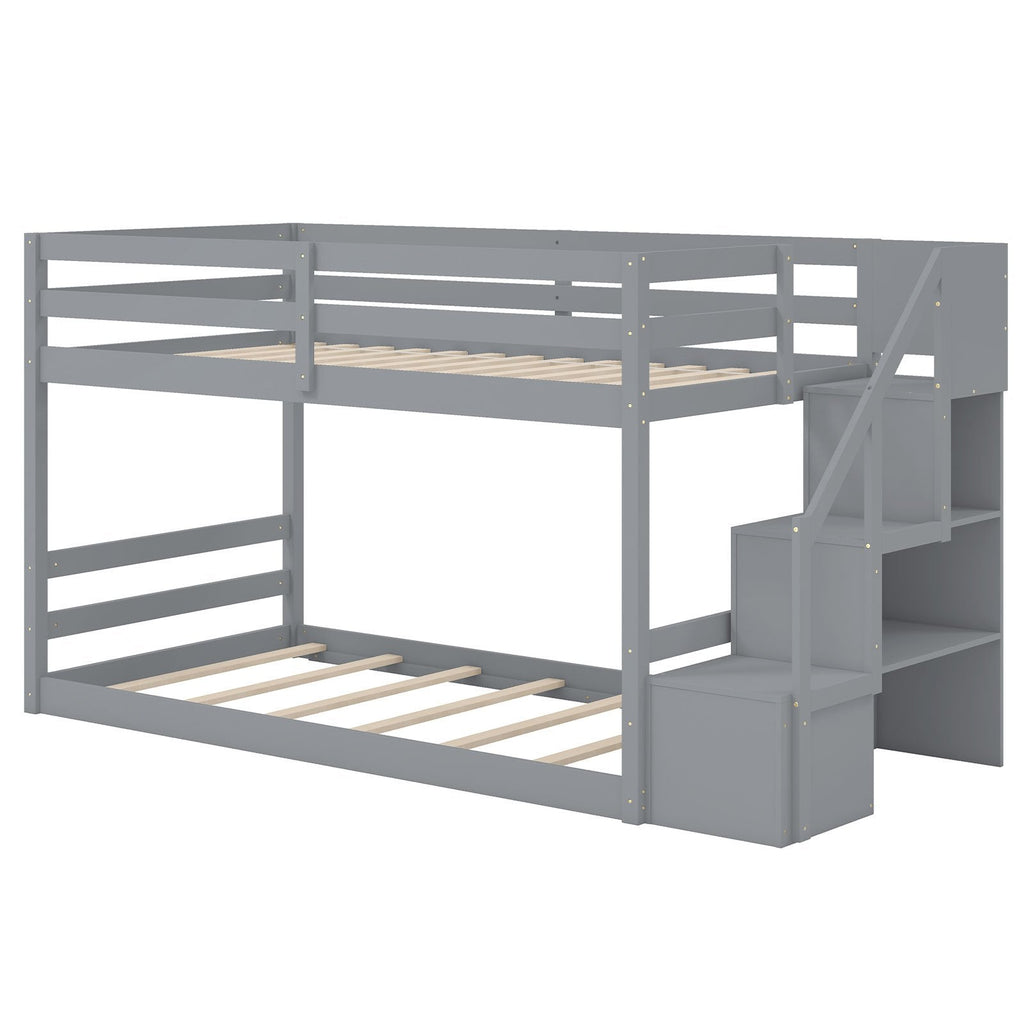 Twin Over Twin Low Bunk Bed with Storage Stairs Solid Wood Floor Bunk Bed Frame-Gray