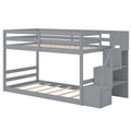 Twin Over Twin Low Bunk Bed with Storage Stairs Solid Wood Floor Bunk Bed Frame-Gray