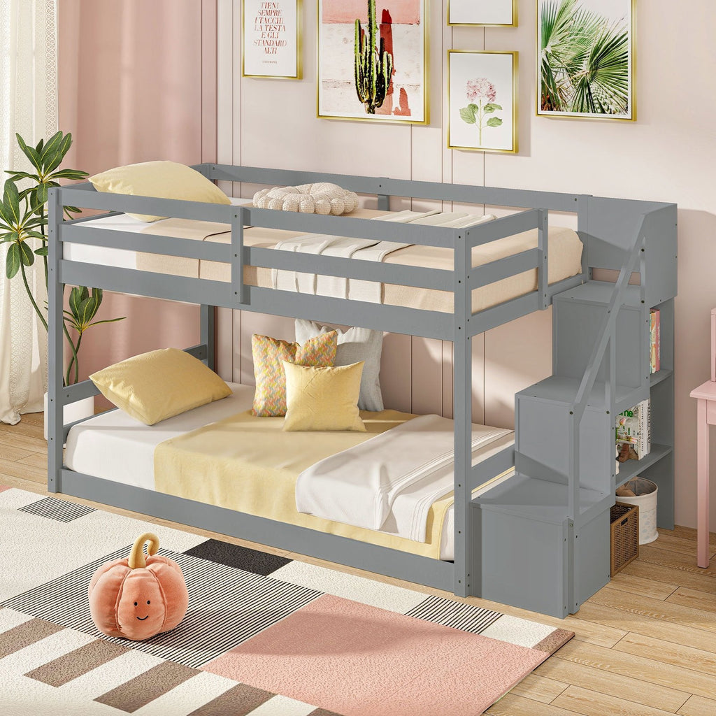 Twin Over Twin Low Bunk Bed with Storage Stairs Solid Wood Floor Bunk Bed Frame-Gray