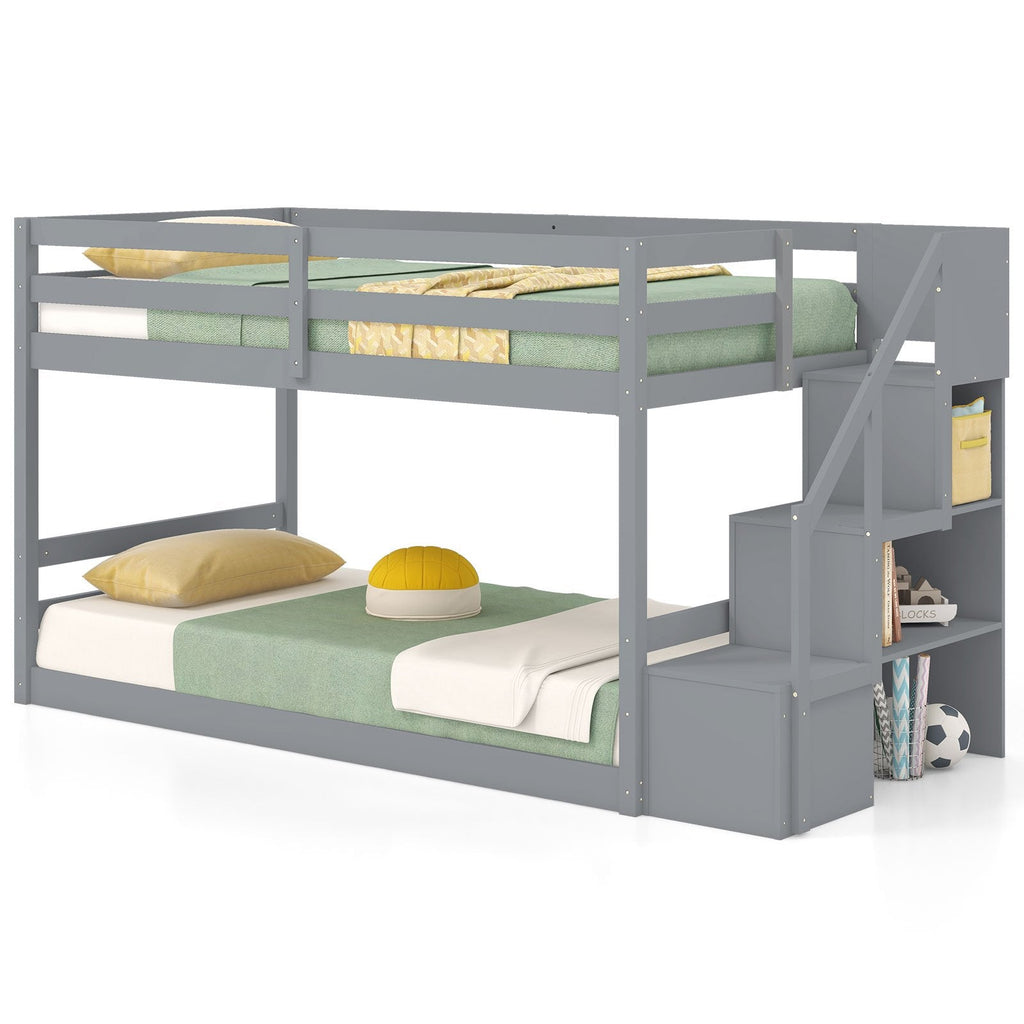 Twin Over Twin Low Bunk Bed with Storage Stairs Solid Wood Floor Bunk Bed Frame-Gray