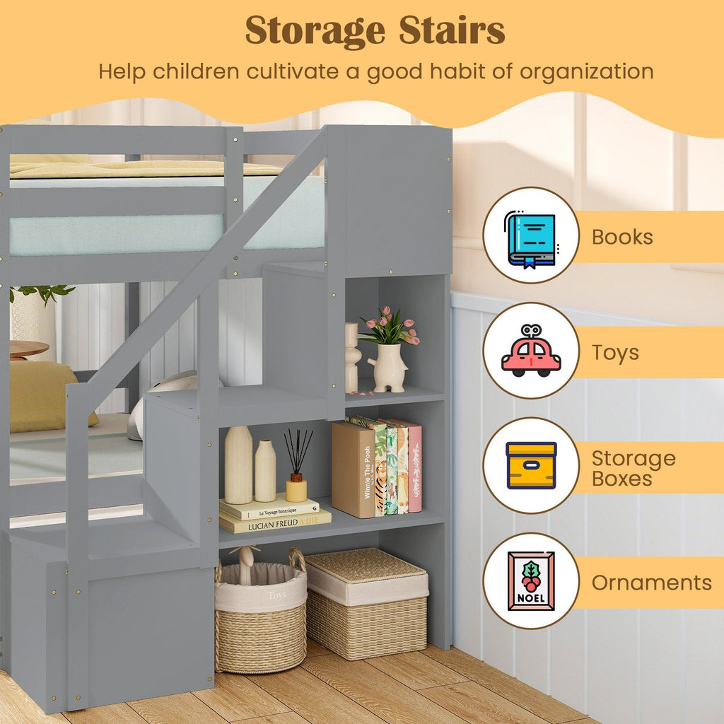 Twin Over Twin Low Bunk Bed with Storage Stairs Solid Wood Floor Bunk Bed Frame-Gray