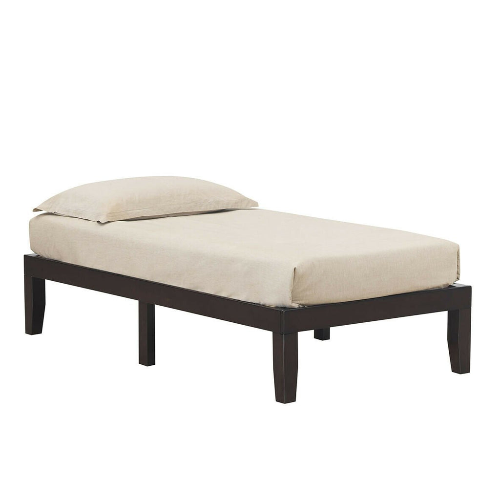 Twin Size 14 Inch Solid Wood Platform Bed Frame with 14 Poplar Slats, Brown
