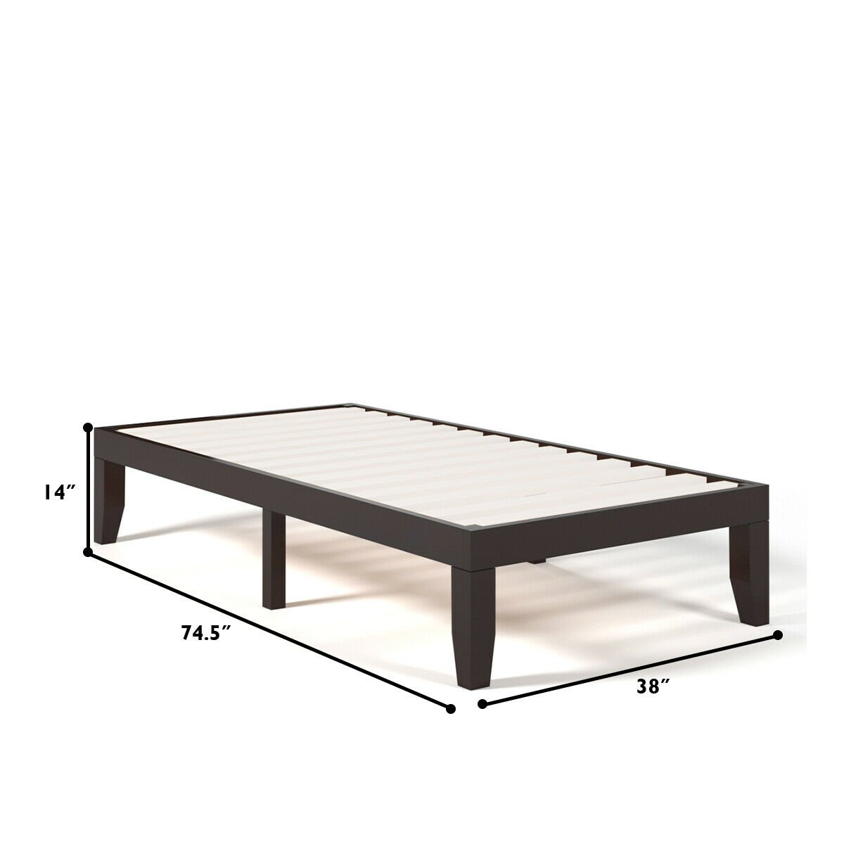 Twin Size 14 Inch Solid Wood Platform Bed Frame with 14 Poplar Slats, Brown