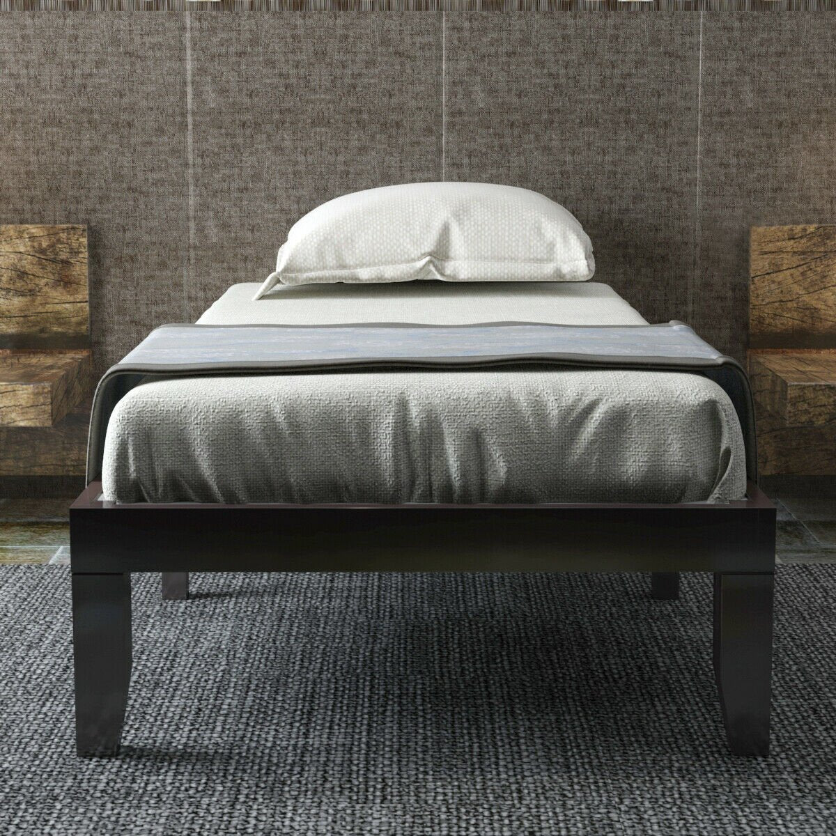 Twin Size 14 Inch Solid Wood Platform Bed Frame with 14 Poplar Slats, Brown