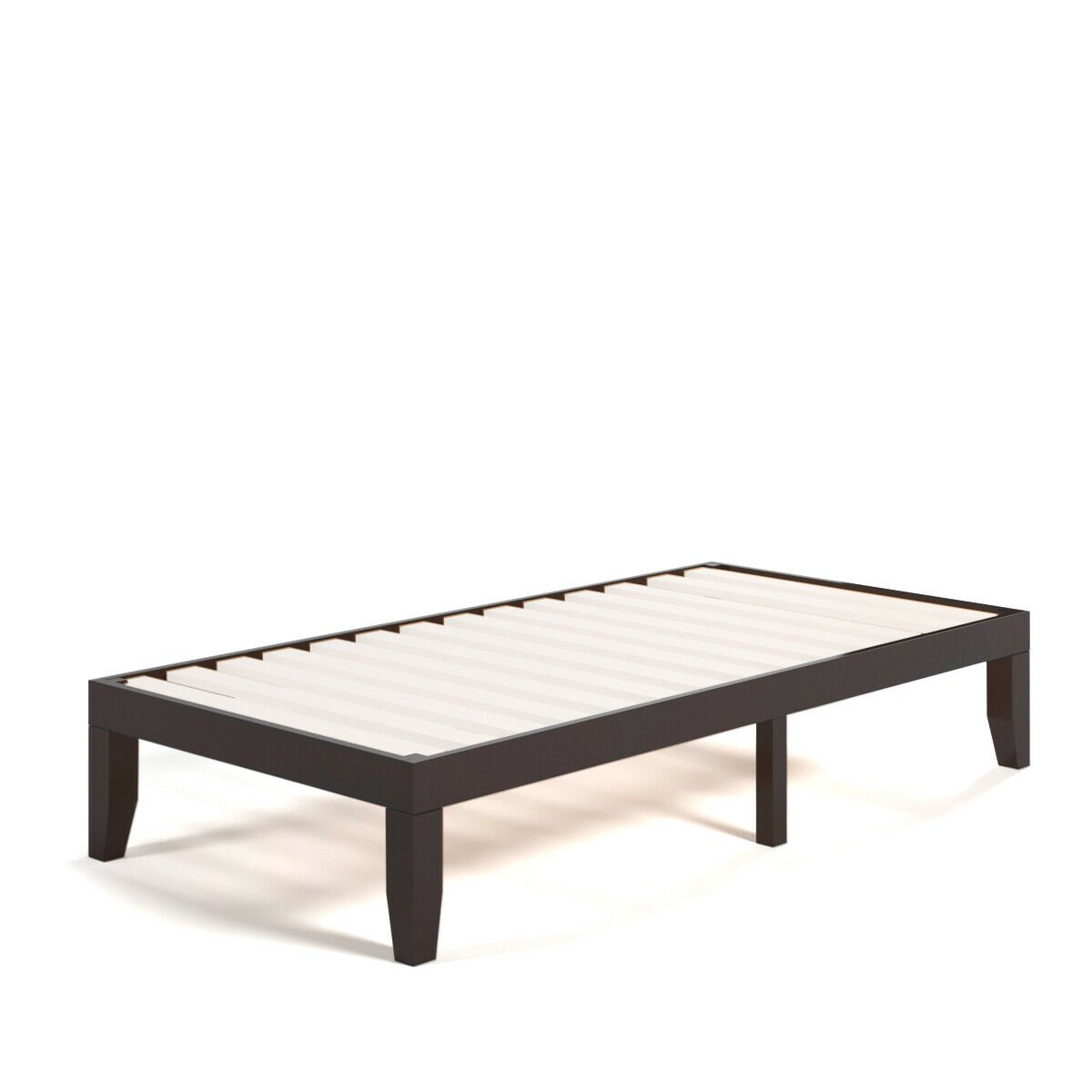 Twin Size 14 Inch Solid Wood Platform Bed Frame with 14 Poplar Slats, Brown