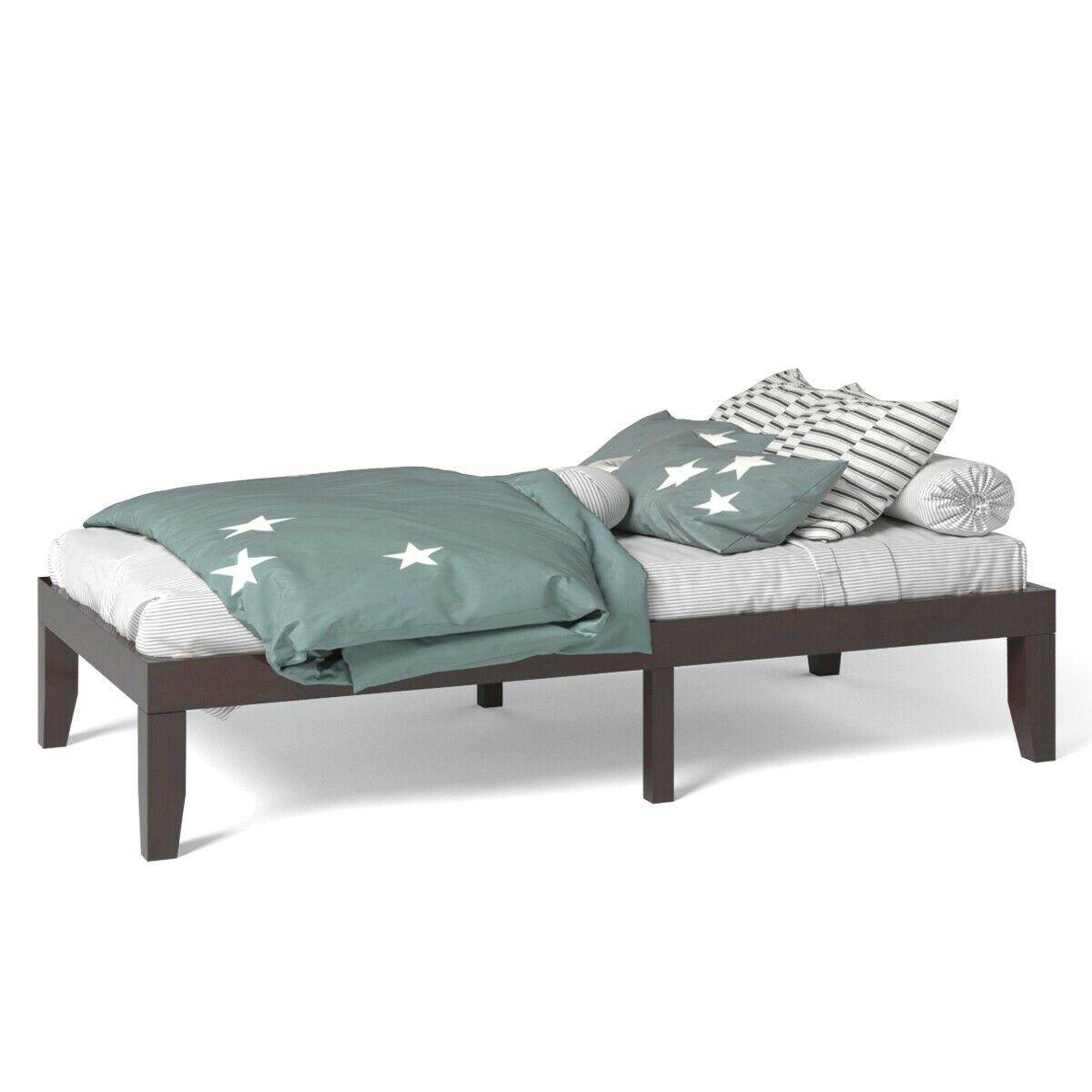 Twin Size 14 Inch Solid Wood Platform Bed Frame with 14 Poplar Slats, Brown