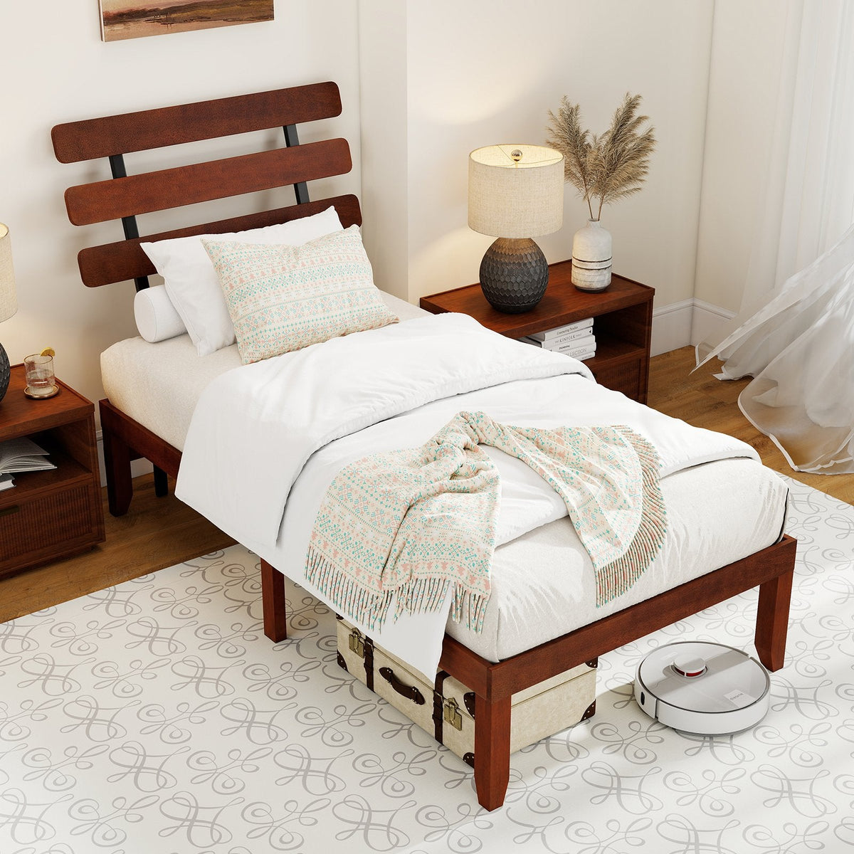 Twin Solid Wood Platform Bed with Retro Slatted Headboard and 12 Inch Clearance