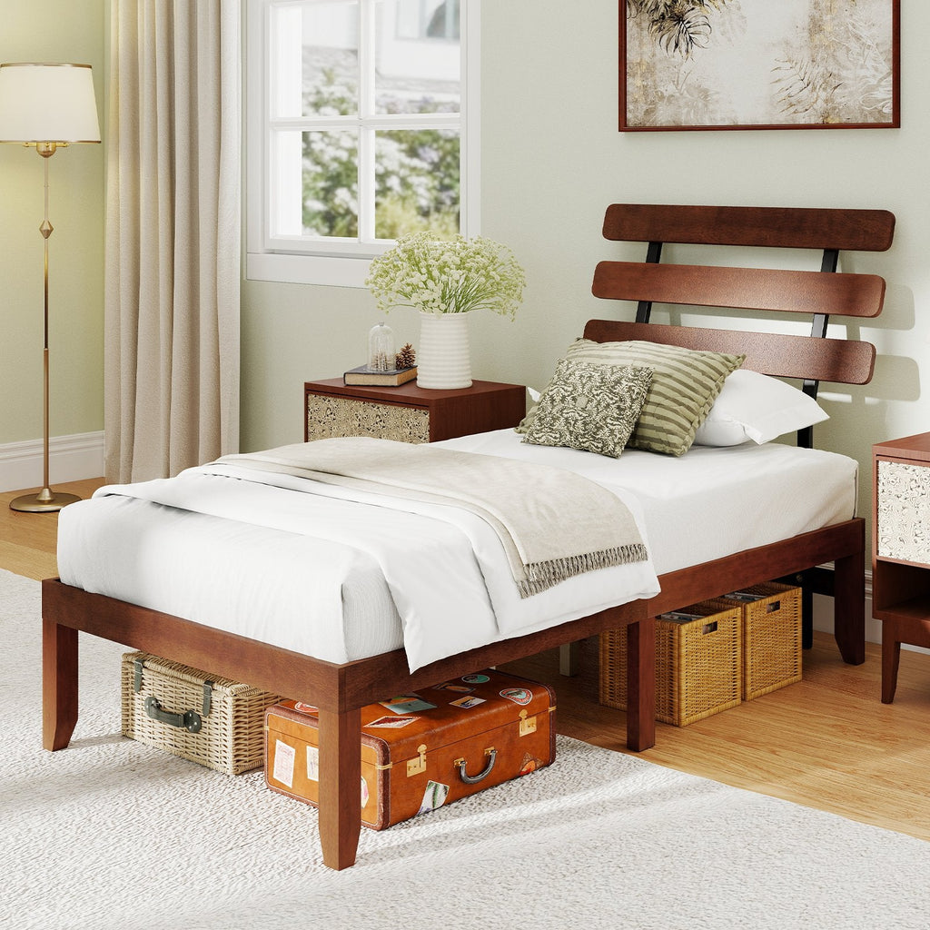 Twin Solid Wood Platform Bed with Retro Slatted Headboard and 12 Inch Clearance