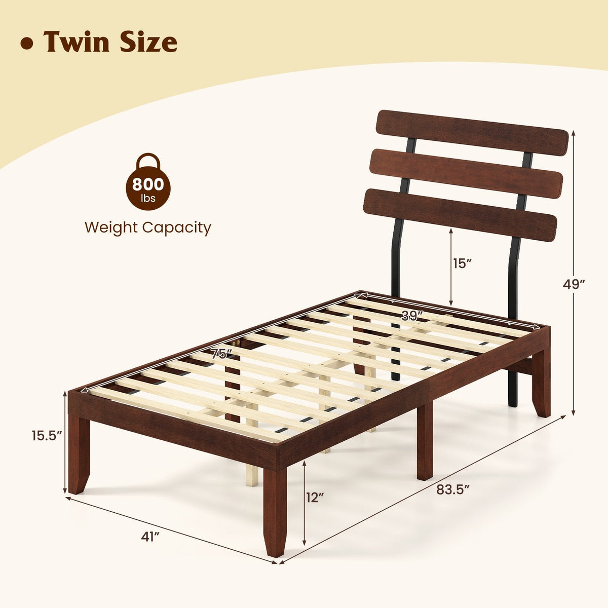 Twin Solid Wood Platform Bed with Retro Slatted Headboard and 12 Inch Clearance