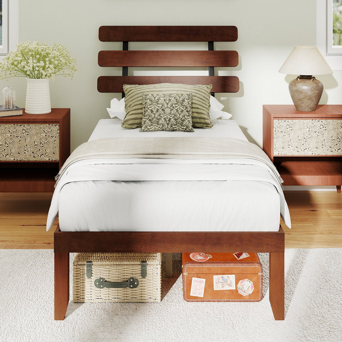 Twin Solid Wood Platform Bed with Retro Slatted Headboard and 12 Inch Clearance