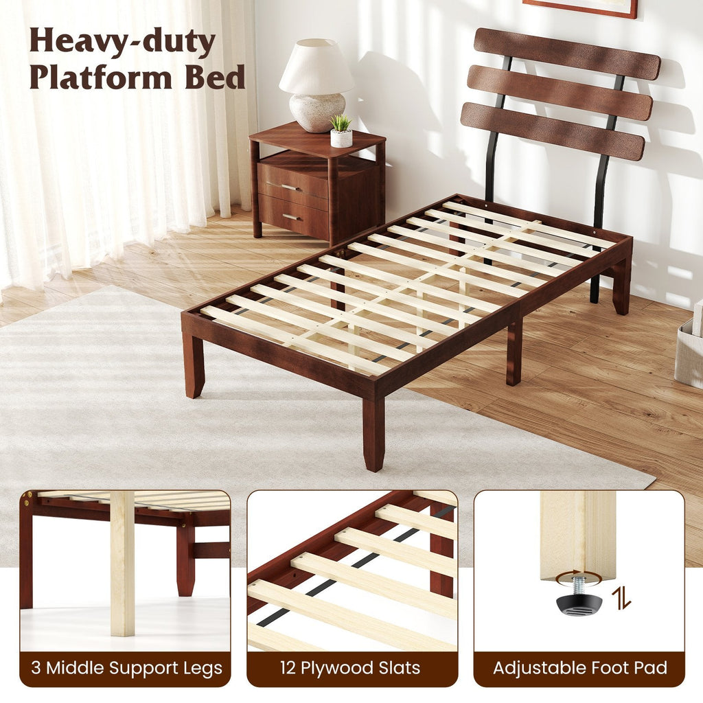 Twin Solid Wood Platform Bed with Retro Slatted Headboard and 12 Inch Clearance
