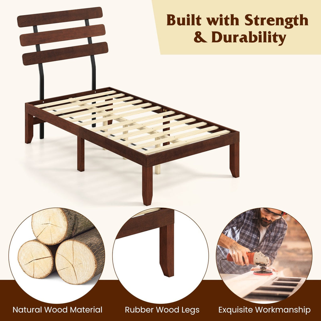 Twin Solid Wood Platform Bed with Retro Slatted Headboard and 12 Inch Clearance