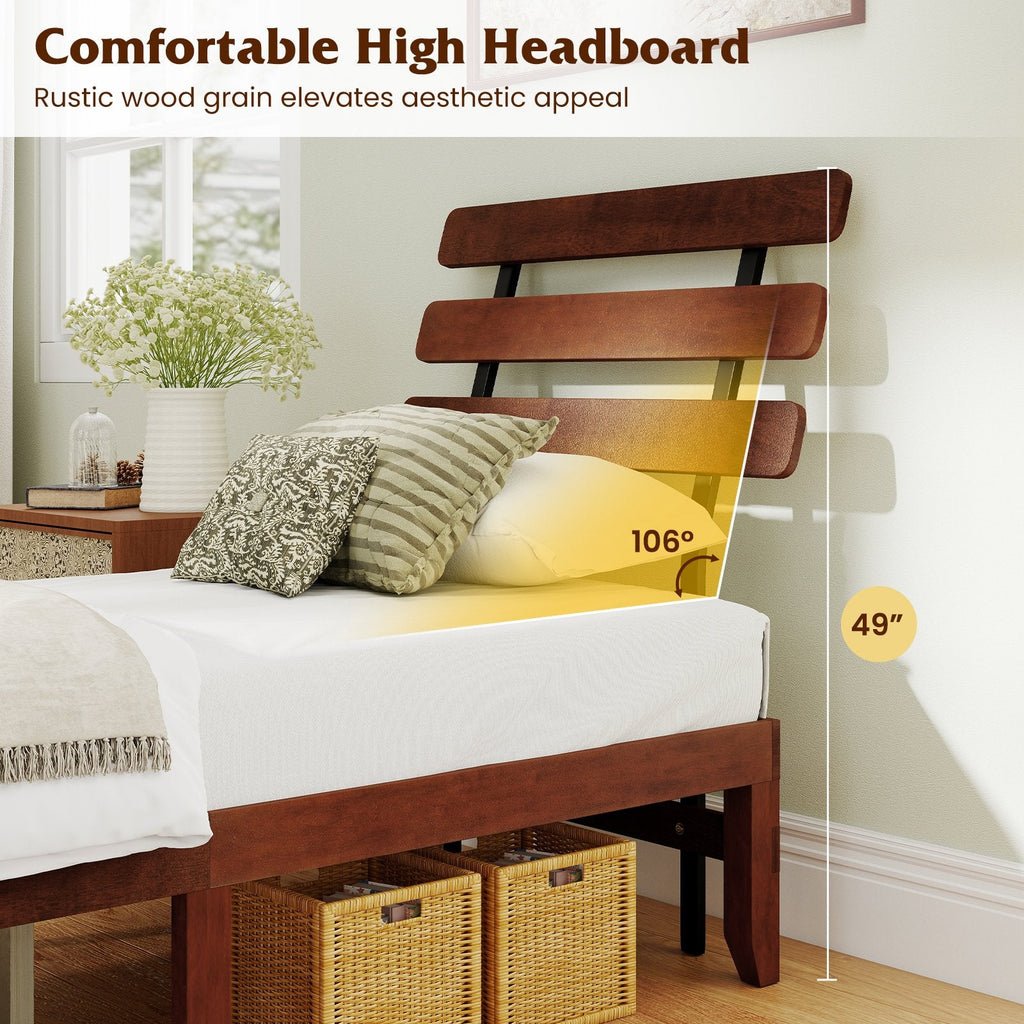 Twin Solid Wood Platform Bed with Retro Slatted Headboard and 12 Inch Clearance