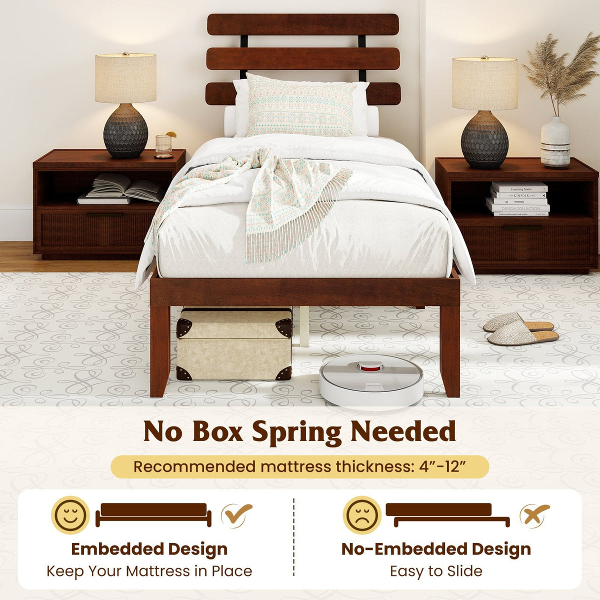 Twin Solid Wood Platform Bed with Retro Slatted Headboard and 12 Inch Clearance