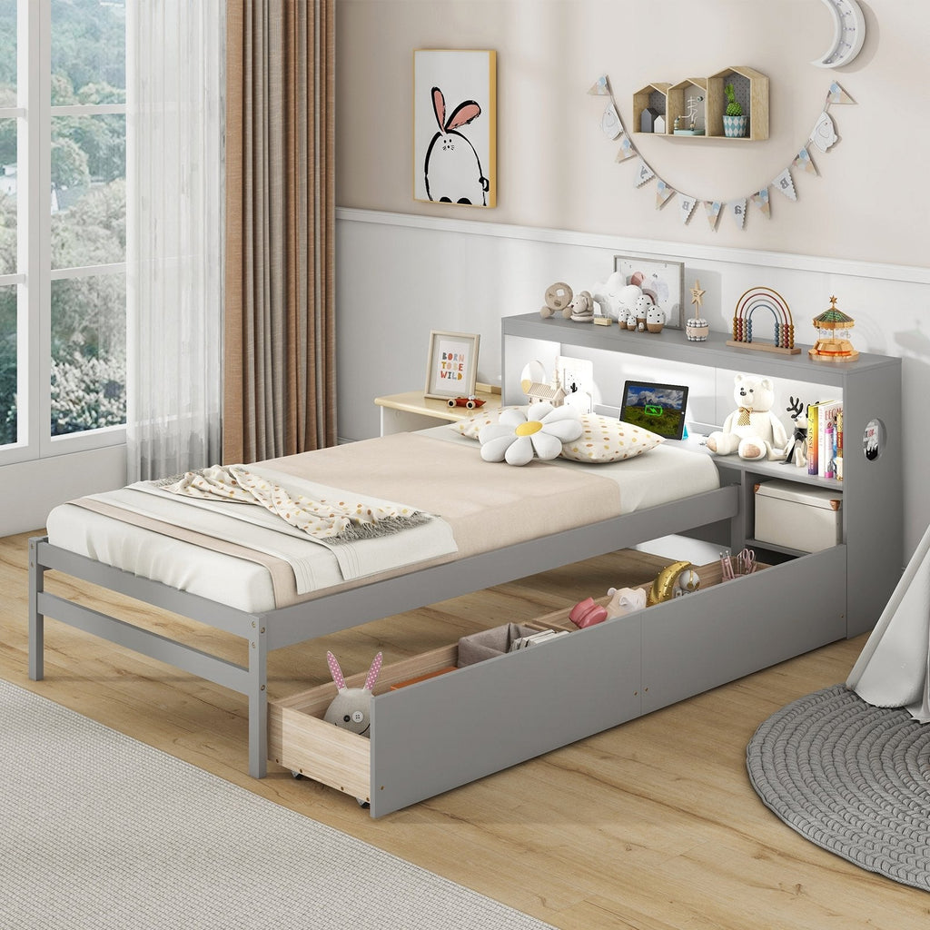 Twin Size Bed Frame with LED Light and Bookcase Headboard-Gray