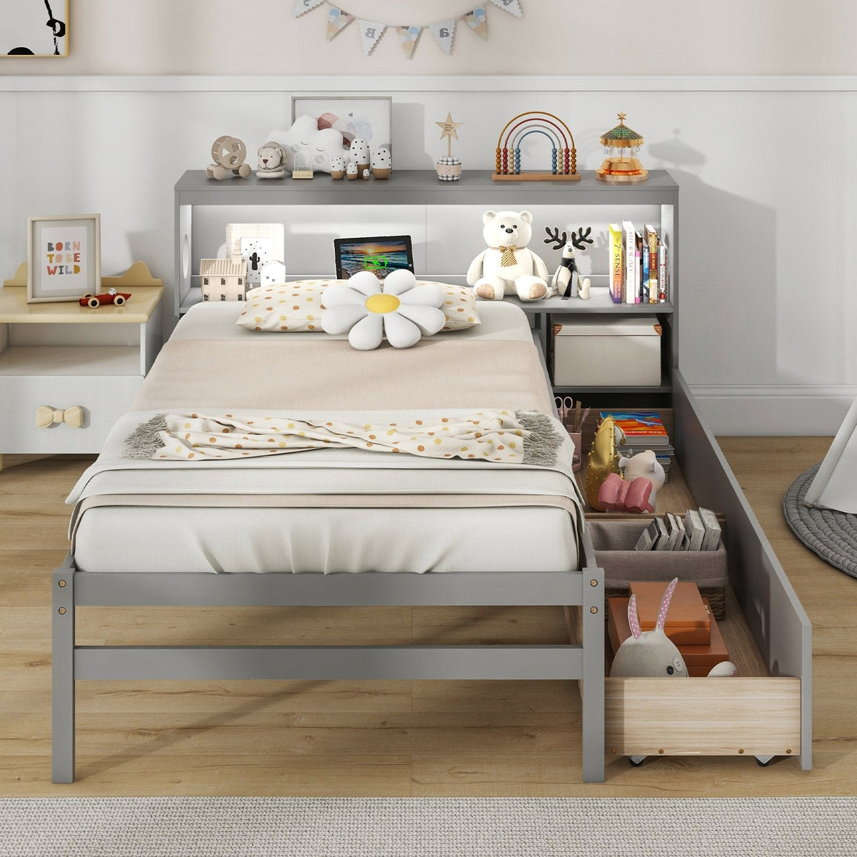Twin Size Bed Frame with LED Light and Bookcase Headboard-Gray