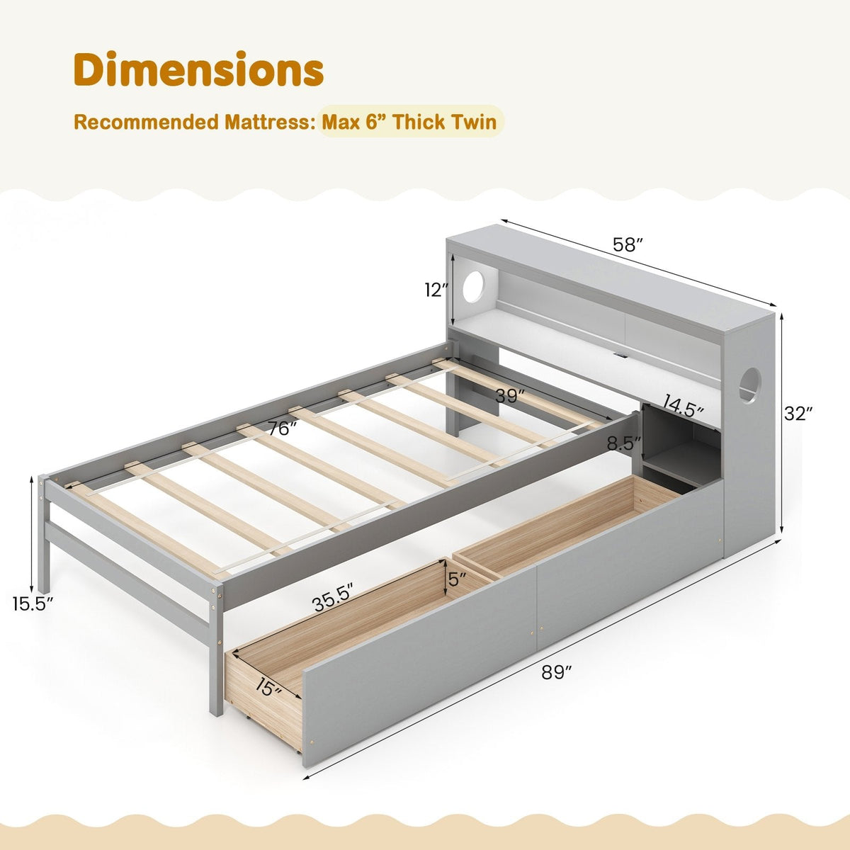 Twin Size Bed Frame with LED Light and Bookcase Headboard-Gray