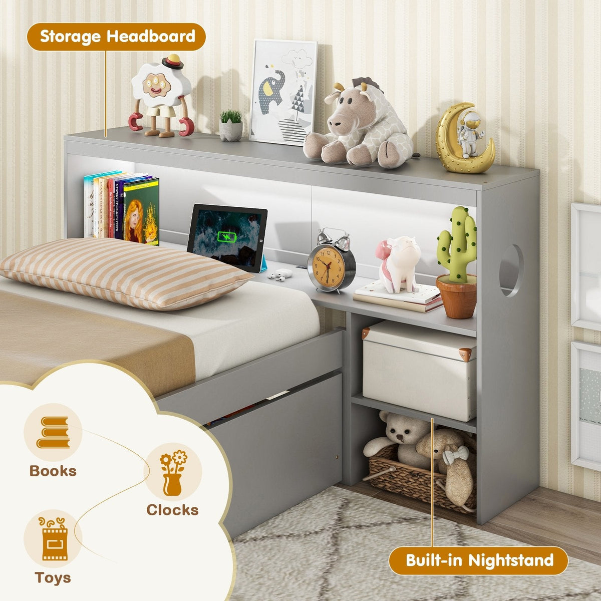 Twin Size Bed Frame with LED Light and Bookcase Headboard-Gray