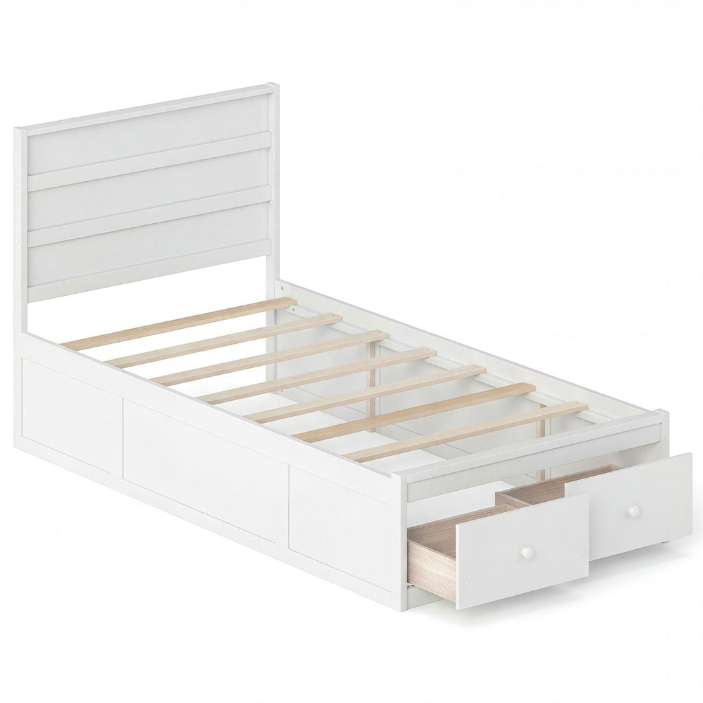 Twin Bed with 2 Storage Drawers, Panelled Headboard and Enclosed Base, White