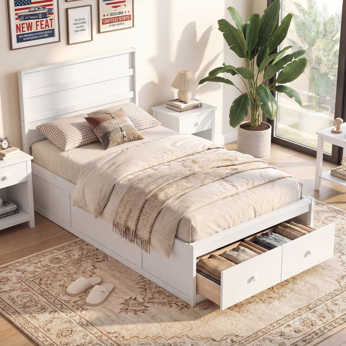 Twin Bed with 2 Storage Drawers, Panelled Headboard and Enclosed Base, White