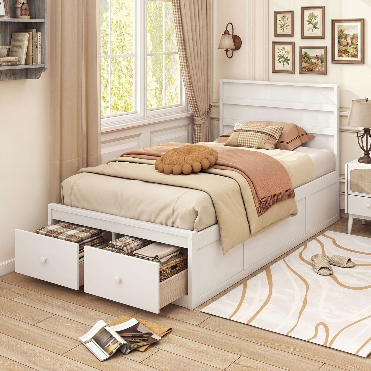 Twin Bed with 2 Storage Drawers, Panelled Headboard and Enclosed Base, White