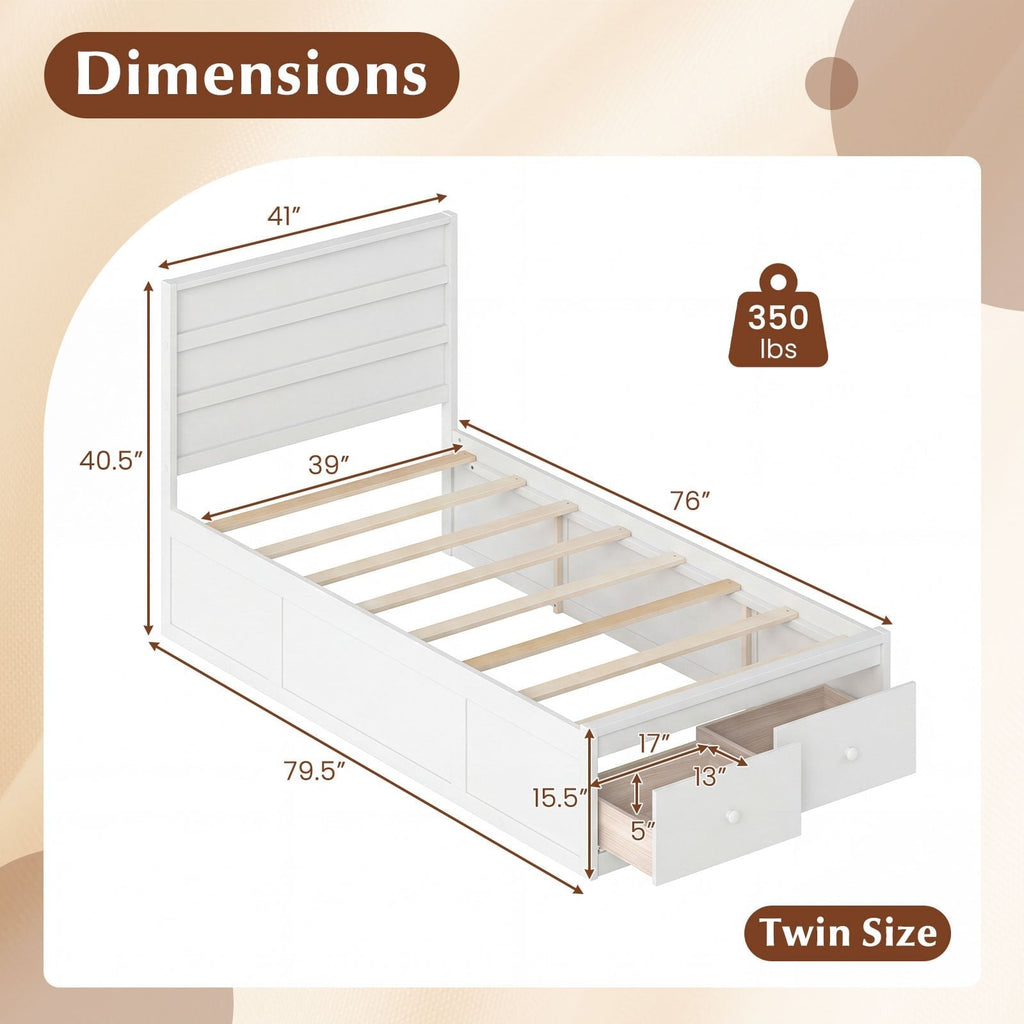 Twin Bed with 2 Storage Drawers, Panelled Headboard and Enclosed Base, White