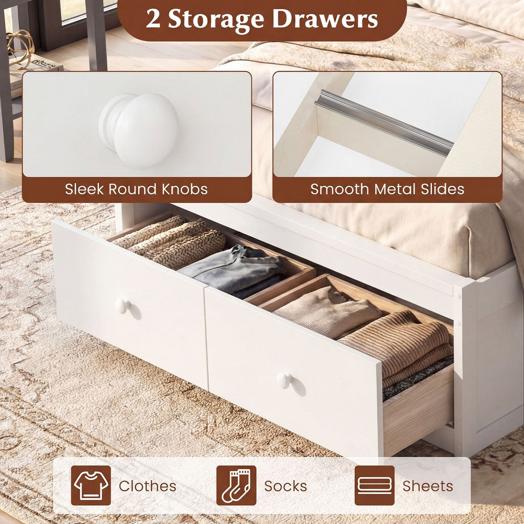 Twin Bed with 2 Storage Drawers, Panelled Headboard and Enclosed Base, White