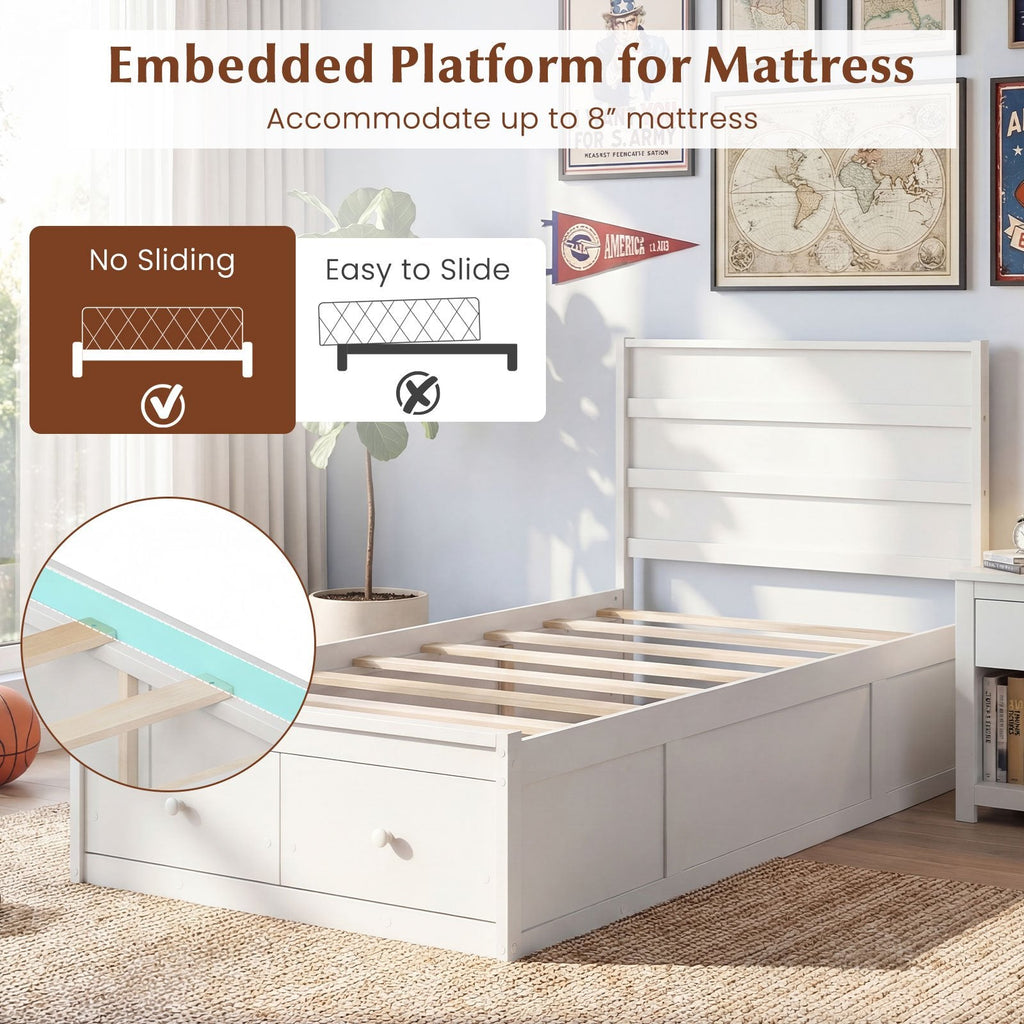 Twin Bed with 2 Storage Drawers, Panelled Headboard and Enclosed Base, White