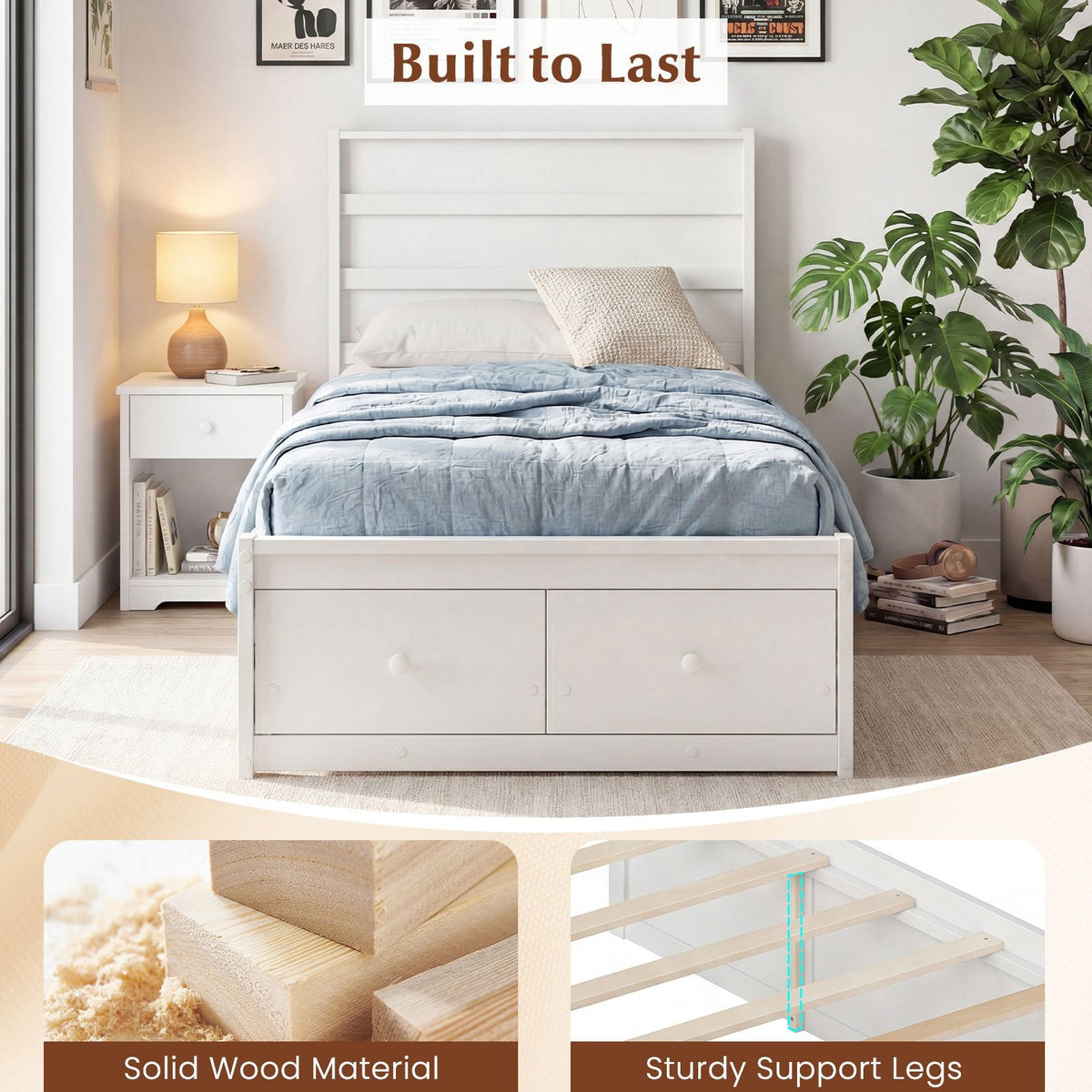 Twin Bed with 2 Storage Drawers, Panelled Headboard and Enclosed Base, White