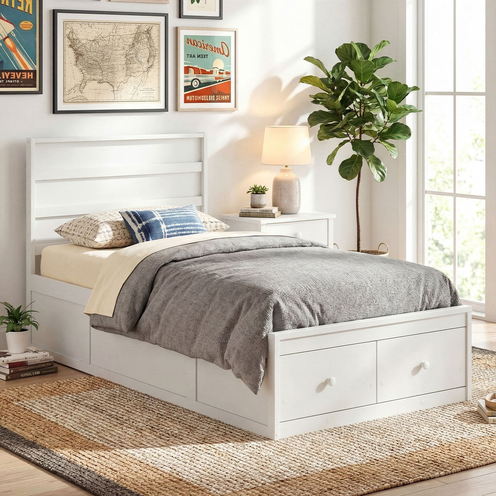 Twin Bed with 2 Storage Drawers, Panelled Headboard and Enclosed Base, White