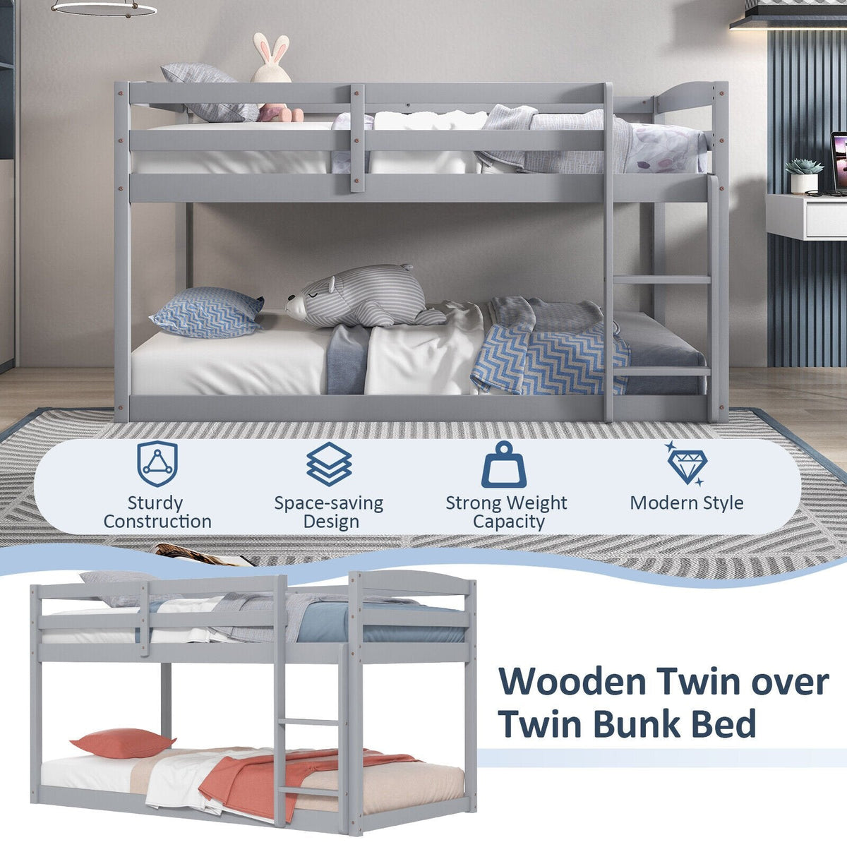 Twin Size Bunk Bed with High Guardrails and Integrated Ladder-Gray