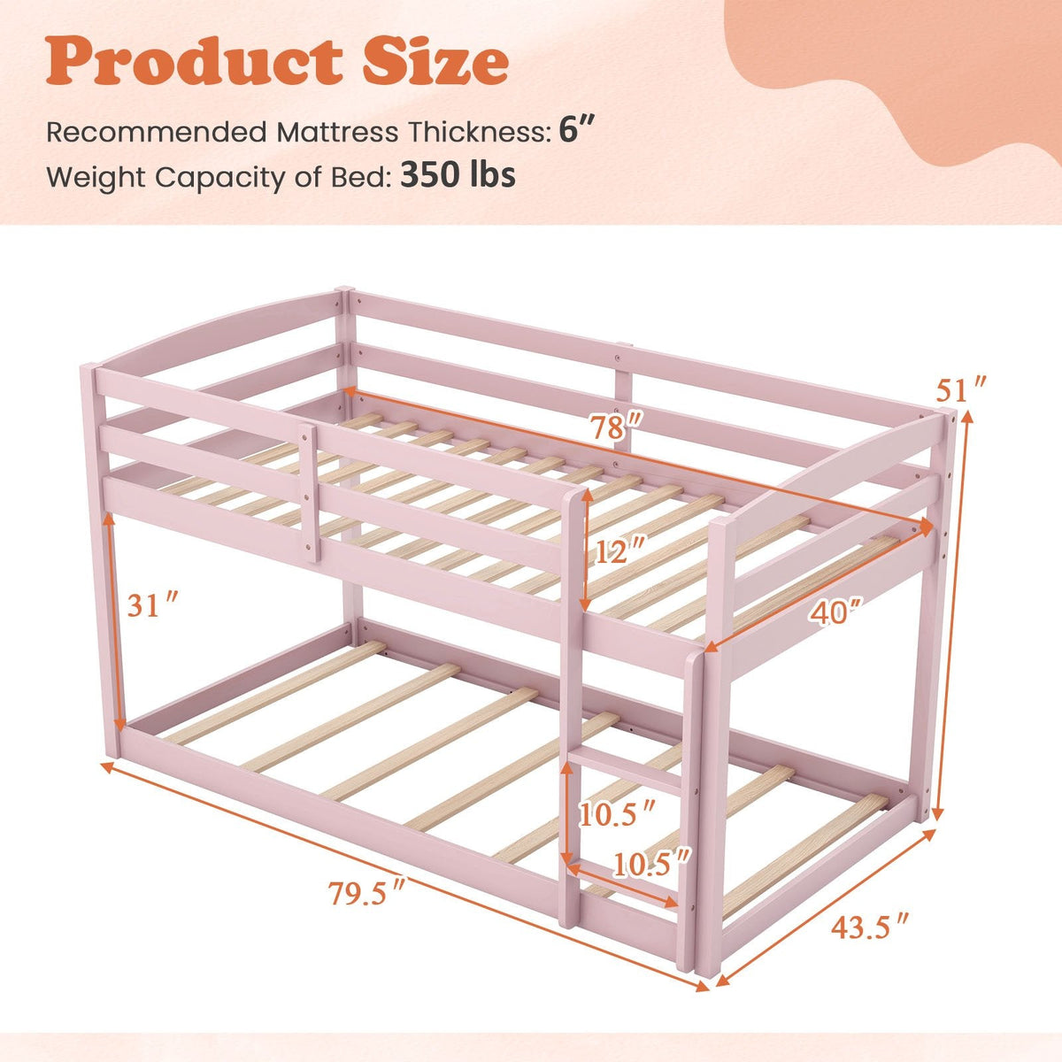 Twin Size Bunk Bed with High Guardrails and Integrated Ladder-Pink