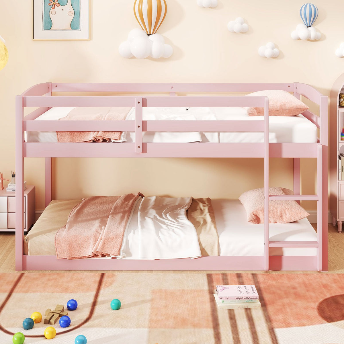 Twin Size Bunk Bed with High Guardrails and Integrated Ladder-Pink