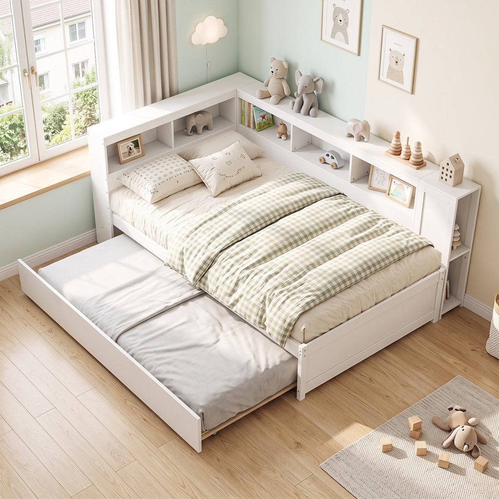 Twin Size Daybed Platform Bed Frame with Trundle and Bedside Shelves-White