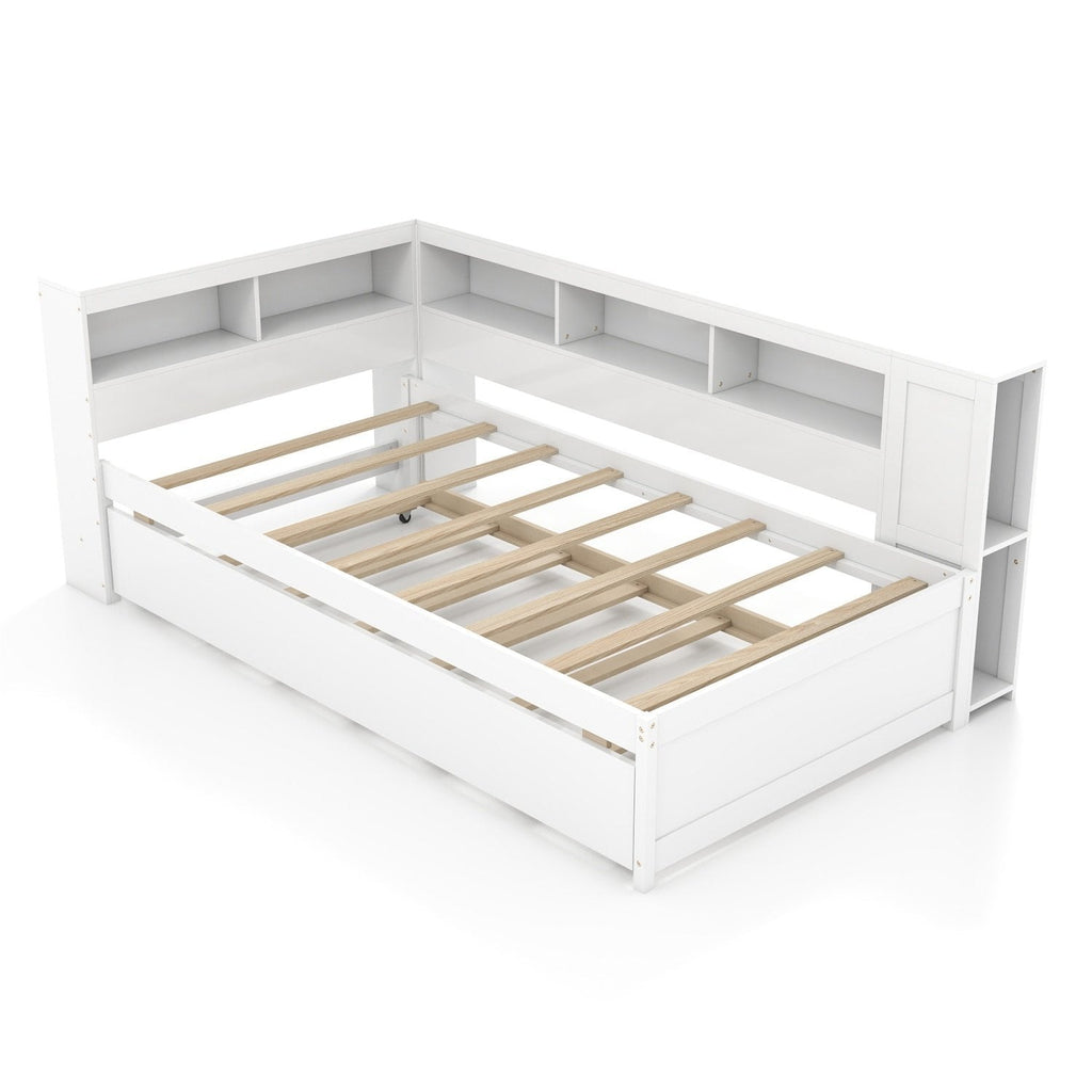 Twin Size Daybed Platform Bed Frame with Trundle and Bedside Shelves-White