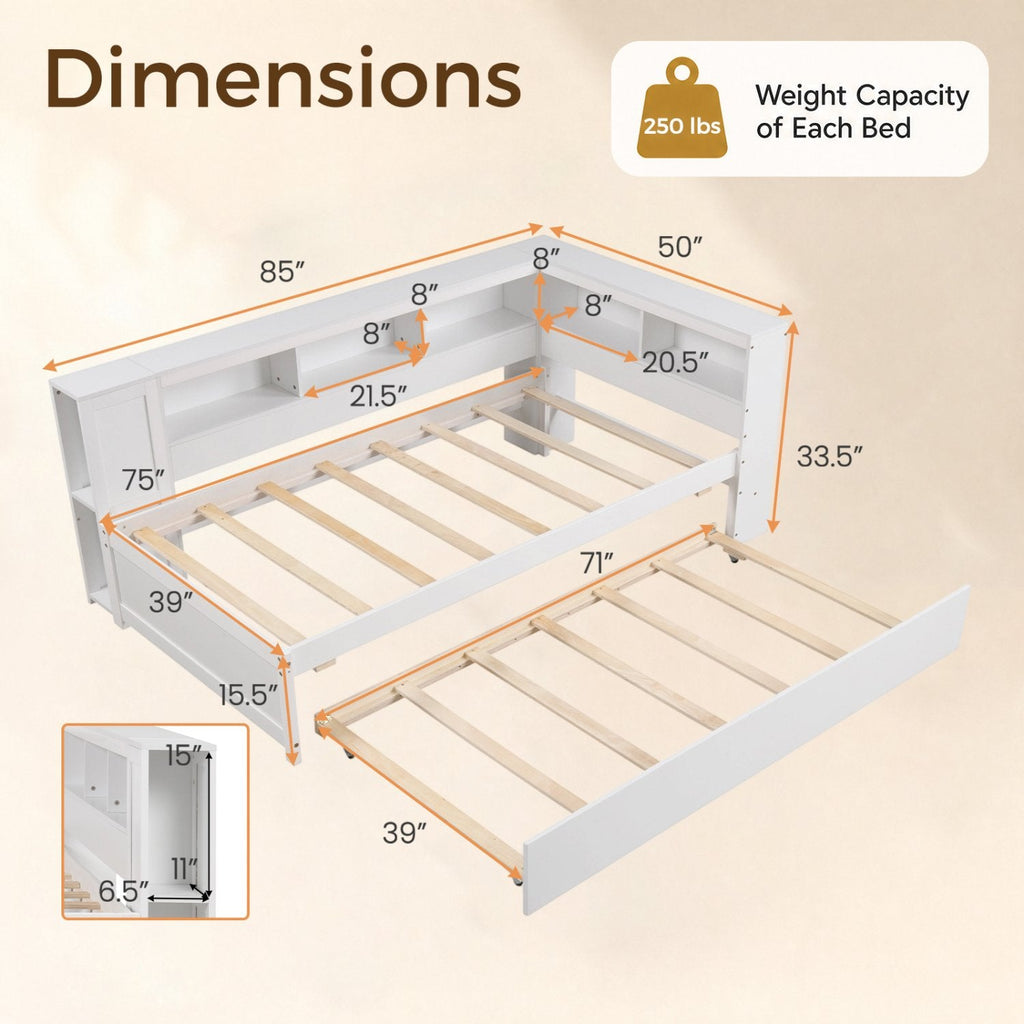 Twin Size Daybed Platform Bed Frame with Trundle and Bedside Shelves-White
