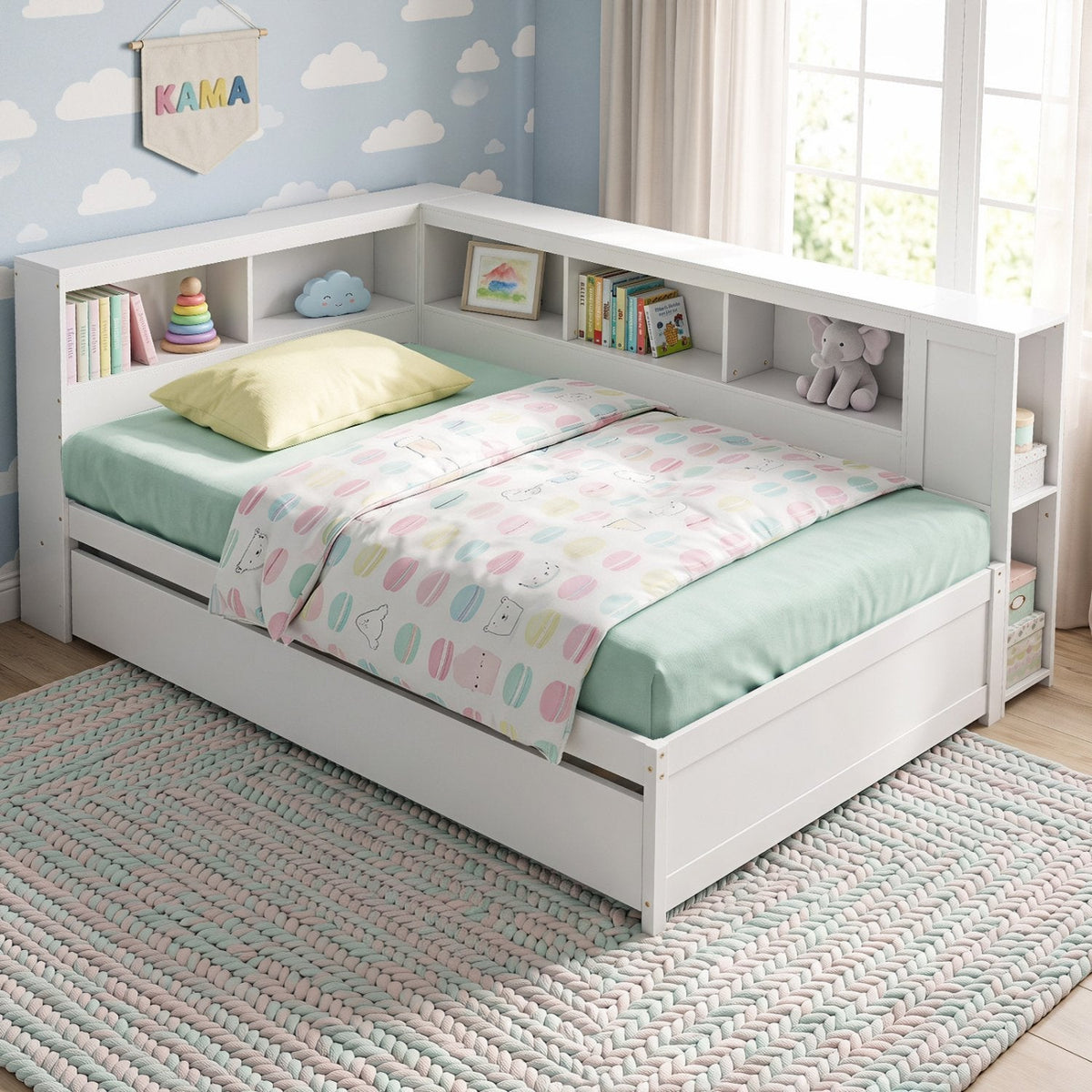 Twin Size Daybed Platform Bed Frame with Trundle and Bedside Shelves-White