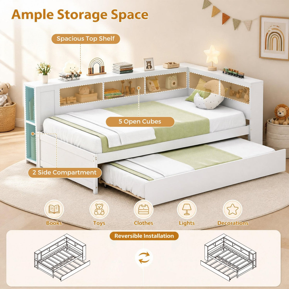 Twin Size Daybed Platform Bed Frame with Trundle and Bedside Shelves-White