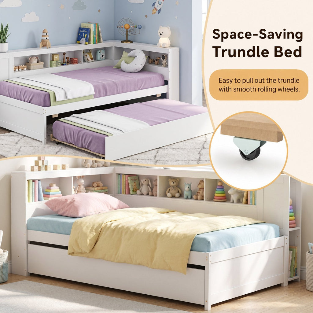 Twin Size Daybed Platform Bed Frame with Trundle and Bedside Shelves-White