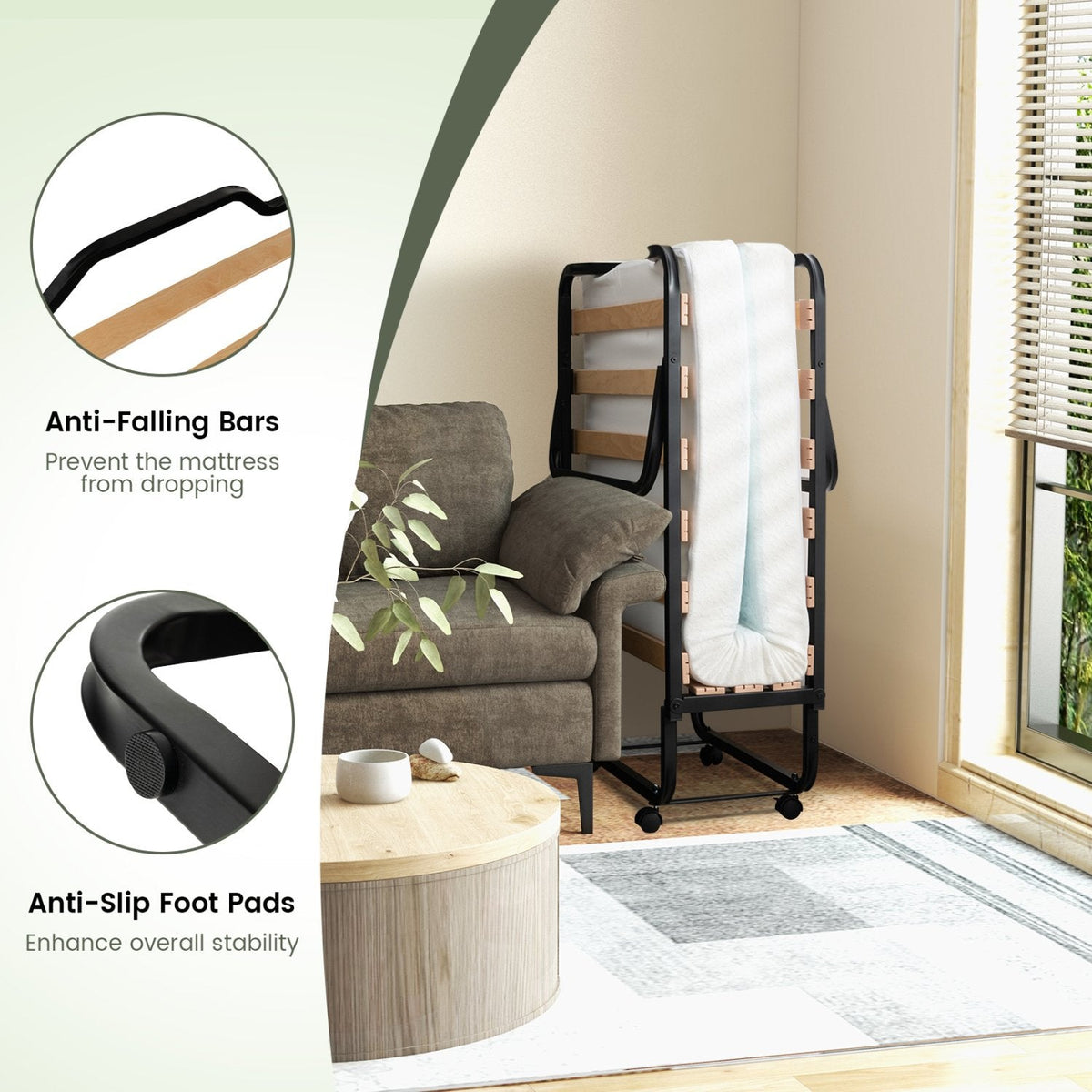 Twin Size Folding Bed with Foam Mattress and Lockable Wheels