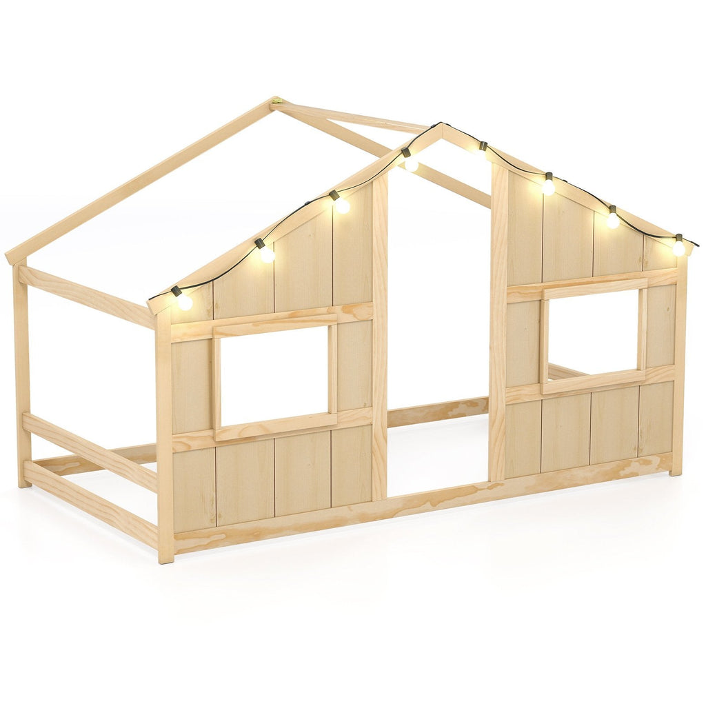 Twin Size House Bed with LED Lights Montessori Slat-free Floor Bed-Natural