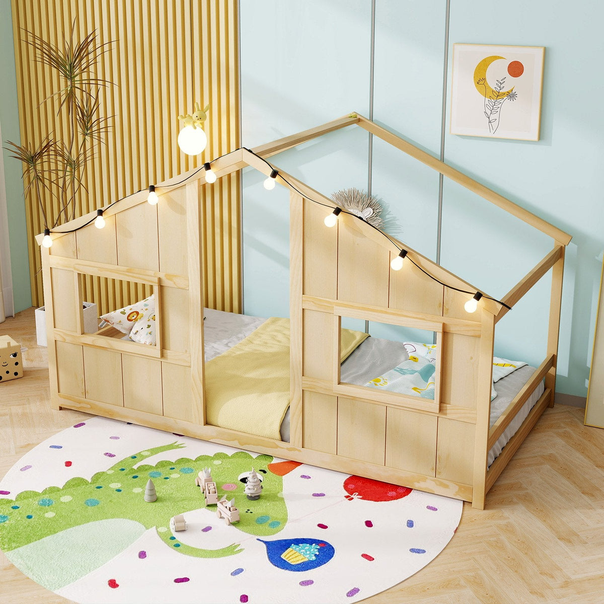Twin Size House Bed with LED Lights Montessori Slat-free Floor Bed-Natural