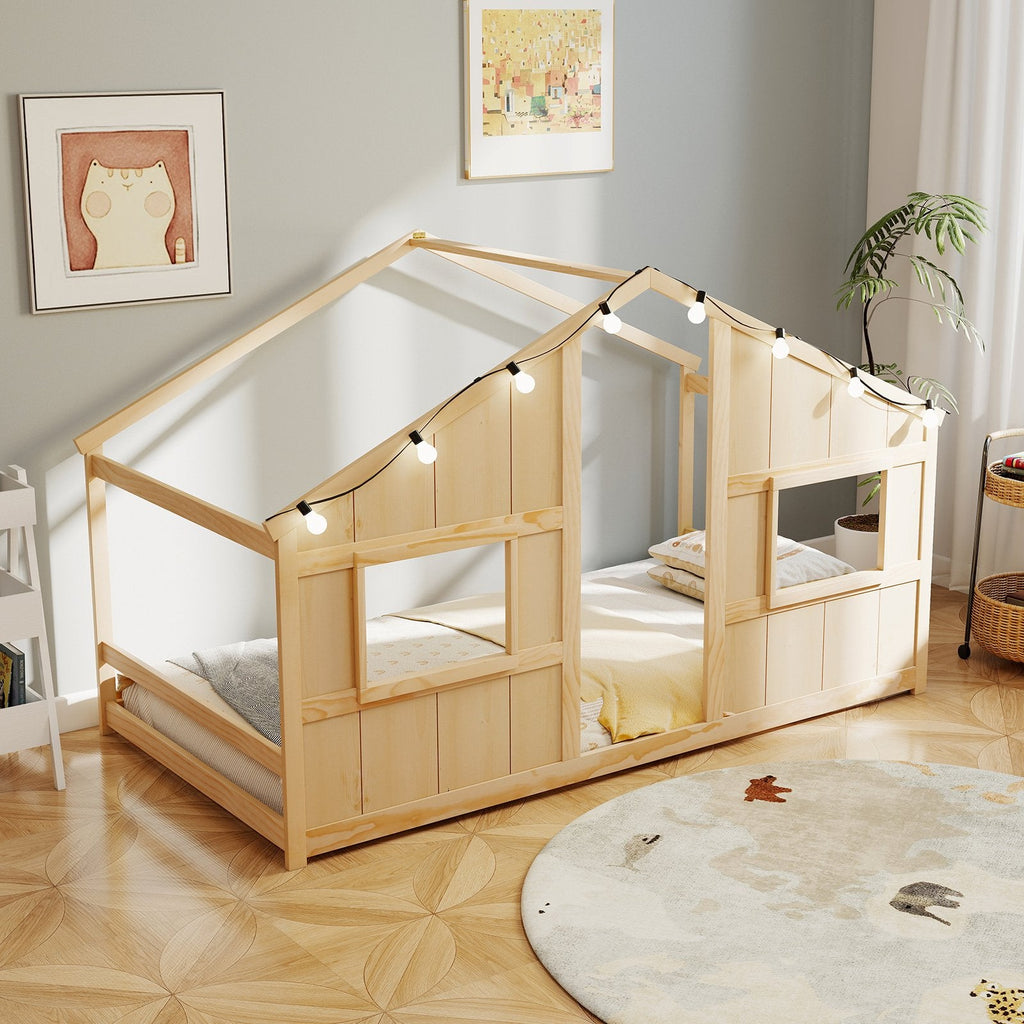 Twin Size House Bed with LED Lights Montessori Slat-free Floor Bed-Natural
