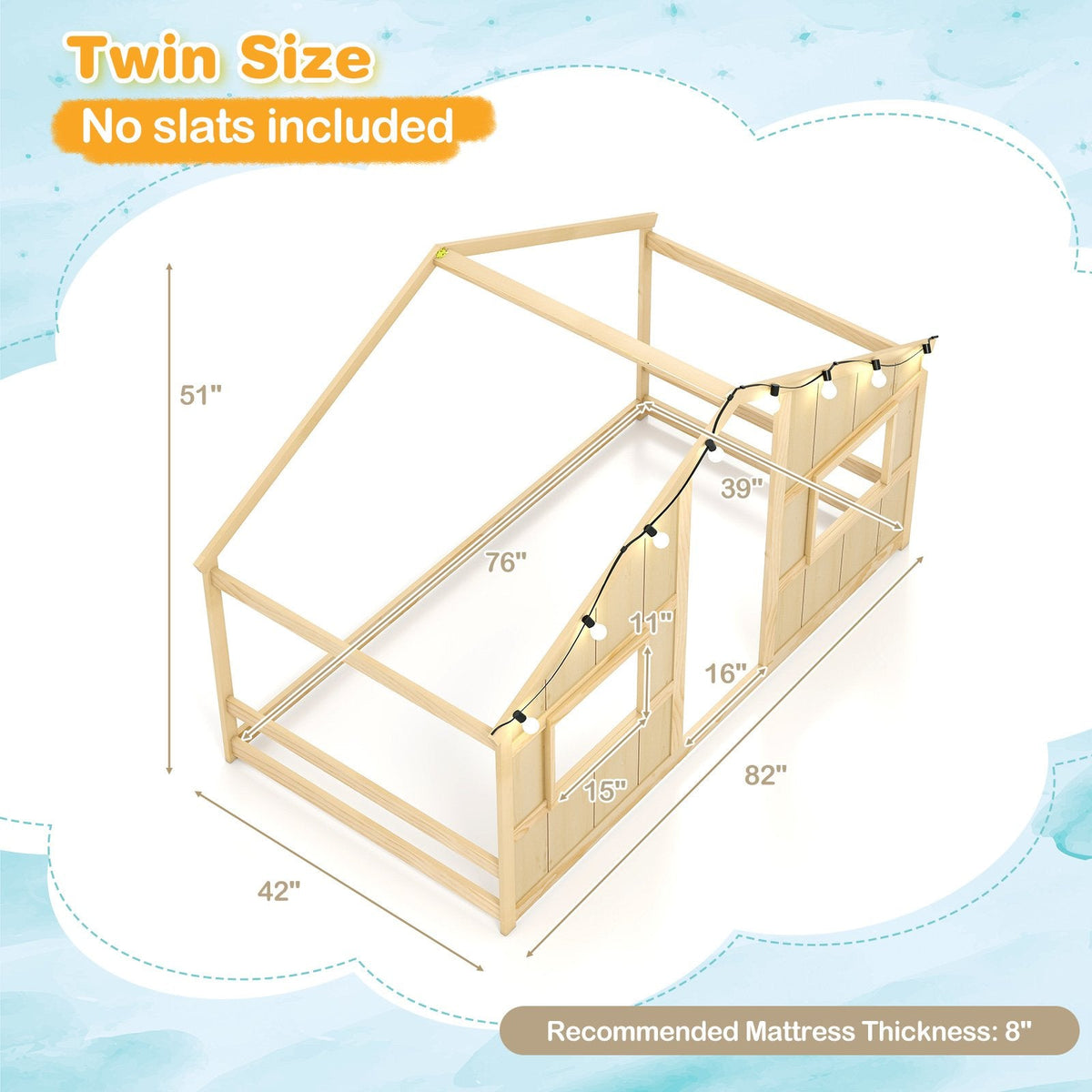 Twin Size House Bed with LED Lights Montessori Slat-free Floor Bed-Natural